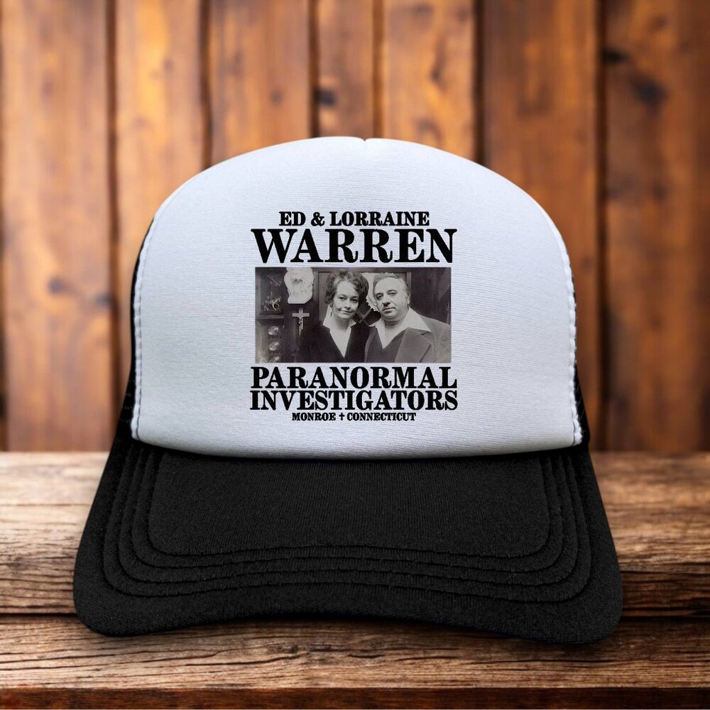 The Conjuring Mens Trucker Hat Black Ed & Lorraine Warren Horror Paranormal Cap
